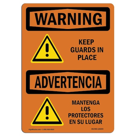 Signmission OSHA Sign, Keep Guards In Place Bilingual, 5in X 3.5in Decal, 10PK, 3.5" W, 5" L, Landscape, PK10 OS-WS-D-35-L-12649-10PK